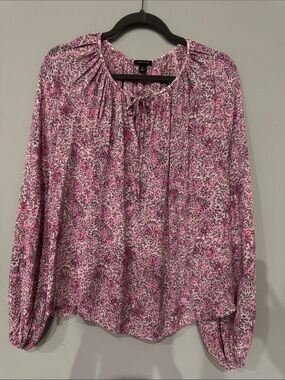 Ann Taylor Pink Floral Tie-Front Peasant Blouse